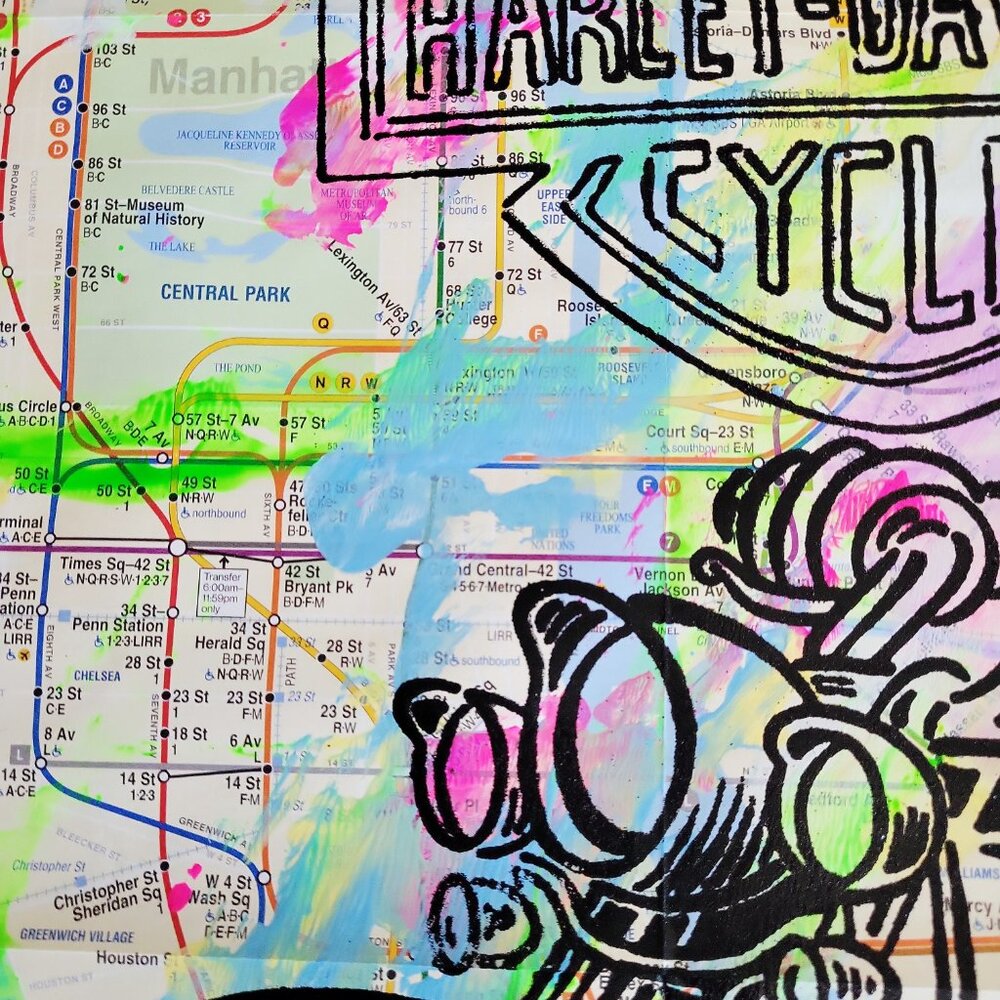 Handpainted Mickey Mouse Harley-Davidson Acrylic Art Painting on NYC Subway Map - Picture 9 of 9